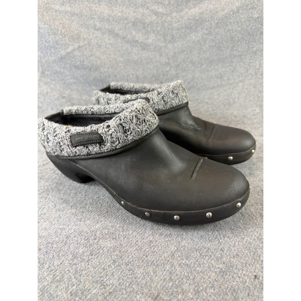 Merrell Clogs Women 9.5 Black Leather Grey Knit Collar Studded Mules J68668